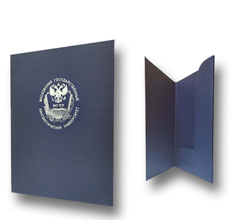 Вырубная папка из синего дизайнерского картона с тиснением логотипа серебреной фольгой
